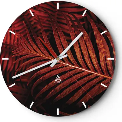 Produktbild von Wanduhr - Rund - Glasuhr - Rot Blätter Palmen - 30x30cm - Schleichendes Uhrwerk - Lautlos - zum Aufhängen bereit - Dekoration Modern - Wanddekoration aus Glas - C3AR30x30-4816