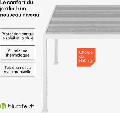 Image de Blumfeldt Tonnelle de Jardin 3x4m, Pergola Bioclimatique avec Toit à Lamelles Réglable, Cadre en Aluminium, Résistant aux Intempéries, Blanc, Facile à Assembler