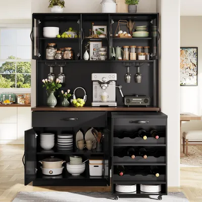 Produktbild von okwish Küchenschrank Aufbewahrungsschrank mit Rollwagen und LED Beleuchtung Highboard mit USB Anschluss und Weinglasregal Pantryschrank mit Schubladen Schwarz