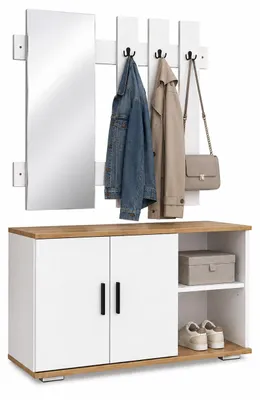 Image de Ensemble de rangement pour entrée comprenant un meuble à chaussures, un banc, un porte-manteau mural et un miroir - Gados XL