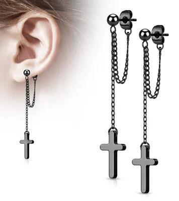 Produktbild von Kreuz Ohrstecker hängend: Edelstahl Ohrhänger mit Kette Schwarz