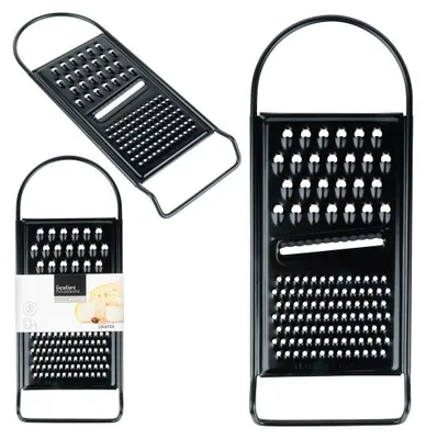 Produktbild von Küchenreibe für Gemüse, Käse, Kartoffeln, Obst, schwarzer Stahl, flach, 3 Klingen, 28,5cm EXCELLENT HOUSEWARE 259715