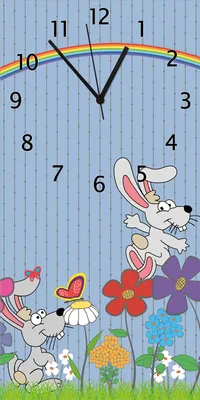 Produktbild von Wallario Design Wanduhr bedruckt, Größe 30 x 60 cm, Motiv: Süße Hasen unter einem Regenbogen