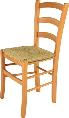 A wooden chair with a straw seat.