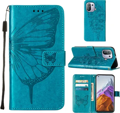 Produktbild von Xiaomi Mi 11 Pro Hülle, Schmetterling Prägung Flip Leder Kartenfächer Schutzhülle Ledertasche mit Ständer für Xiaomi Mi 11 Pro Blau