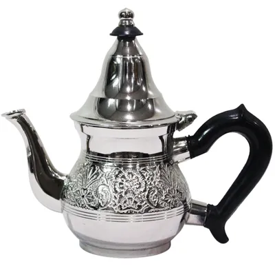 Zdjęcie produktu dla Marokański dzbanek do herbaty Eldina, 200 ml, wykonany z mosiądzu, srebrny, ręcznie robiony, wymiary: 14 x 10 x 16 cm. Idealny do herbaty miętowej, ceremonii parzenia herbaty, dekoracji stołu oraz jako prezent dla miłośników herbaty i kultury Orientu