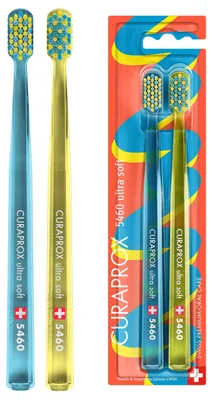 Productafbeelding van Curaprox CS 5460 Duo Health & Happiness tandenborstel – Geel transparant, Blauw transparant
