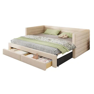 Produktbild von Merax 3-in-1 Polsterbett Tagesbett mit 2 Schubladen, Schlafsofa 90/180×190 cm aus Baumwoll-Leinen, ausziehbare Einzelbett Doppelbett, Beige