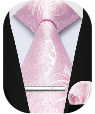 Image de Ensemble de cravates et de mouchoirs de poche pour hommes, motifs Paisley et à carreaux, couleur rose