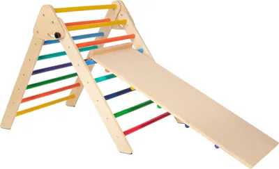 Produktbild von ONVAYA® Kletterdreieck mit Rutsche Pikler Art I Bunt I Größe frei einstellbar und klappbar I Robust und sicher bis 100kg Tragelast I Sprossendreieck aus Natur Buche Holz und Öko Lackierung