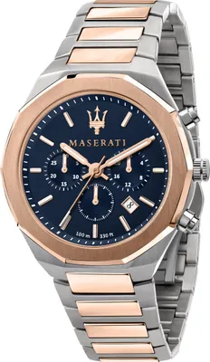 A close-up studio shot of a Maserati chronograph watch with a blue dial and rose gold accents.