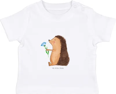 Produktbild von Mr. & Mrs. Panda Babyshirt Igel Blumen 12. - 18. Monat - Weiß - Geschenk, Organic Baby Shirt, Besuch, Krankheit, Kinder Oberteil, Genesungswünsche, Krankenhaus