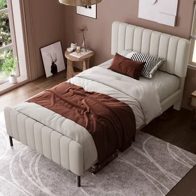 Produktbild von okwish Polsterbett Einzelbett 90 x 200 cm, Bettgestell mit Lattenrost und Verstellbares Kopfteil, Bettrahmen Jugendbett für Schlafzimmer Leinen Beige