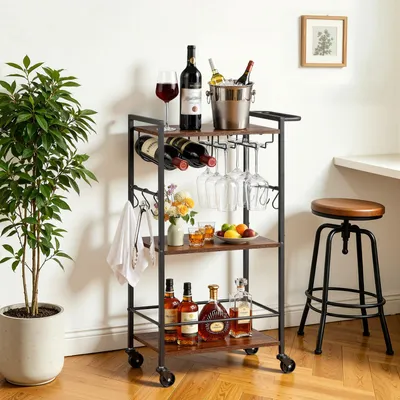 Image de VEVOR, chariot de service à 3 niveaux, chariot à boissons avec porte-bouteilles de vin et supports à verres, chariot industriel sur roulettes, chariot de cuisine, bar d'intérieur, capacité de charge de 20 kg par niveau, dimensions : 510 x 280 x 840 mm, couleur : marron rustique et noir