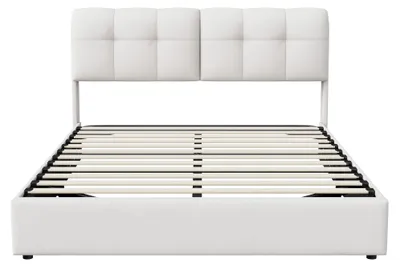 Image de Lit avec coffre de rangement intégré - Lit double 140 x 200 cm - Sommier à lattes hydraulique - Revêtement en velours avec tête de lit LED - Beige
