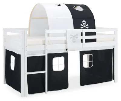 Produktbild von Homestyle4u Hochbett 90x200 Kinder ohne Lattenrost mit Rausfallschutz Weiß Holz Kiefer Vorhang Pirat