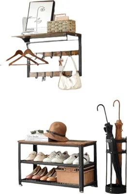 Produktbild von Schönbankset mit Wandplank - Vintage-Stil - 3-Niveaus-Opbergsystem - 30x73x45cm Sitzbank, 30x65x42cm Wandplank
