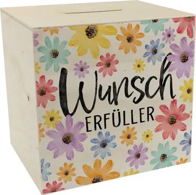 Produktbild von Blumen Spardose aus Holz mit Spruch Wunscherfüller
