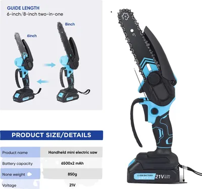 Obrázek produktu pro Mini elektrická řetězová pila, duální bateriový pohon, bezkartáčový motor, modrá barva