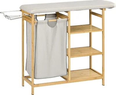 Produktbild von HOMCOM Wäschekorb 57,4 L Wäschesammler mit Bügelbrett und Bügeleisen, Wäschebox mit 3-Ebenen-Regal, ausziehbar und abnehmbare Tasche, Bambus, Natur