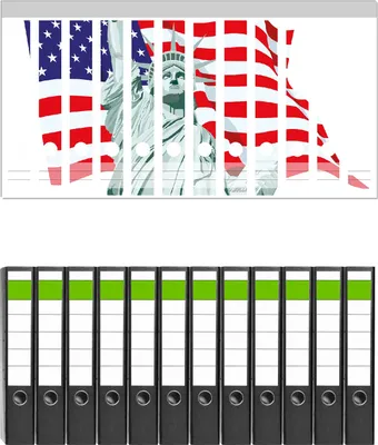 Produktbild von Wallario 12 Stück schmale Ordner inkl. Klebeetiketten mit Motive Freiheitsstatue USA -  Set mit Rückenschildern / Ordnerrücken Stickern