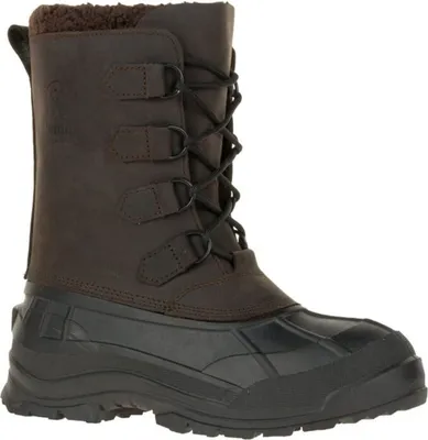 A single brown winter boot with black laces and a black rubber sole, isolated on a white background.