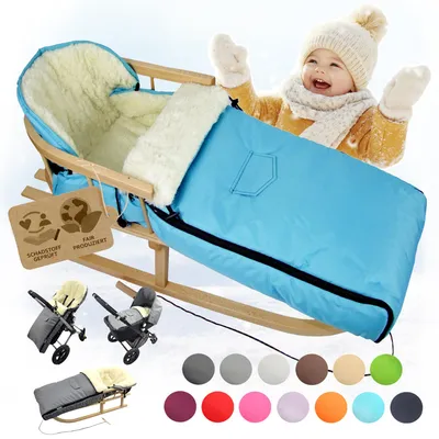 Produktbild von BAMBINIWELT HOLZSCHLITTEN mit Rückenlehne (90cm) + WINTERFUßSACK (108cm) Kinderwagen WOLLE türkis