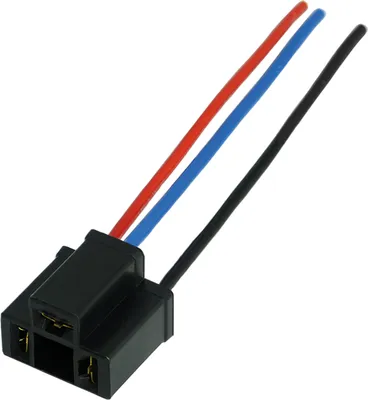 A black electrical connector with three wires (red, blue, and black) extending from it, isolated on a white background.