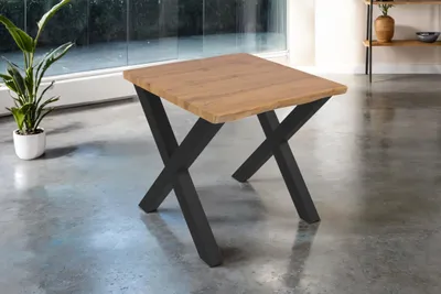 Produktbild von Esstisch Josy | 80 x 80 cm | Holz Wildeiche-Optik | X-Gestell Metall schwarz | 40 mm Tischplatte mit Baumkante | Tisch für Esszimmer & Küche