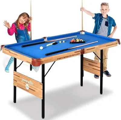 Imagen del producto de Mesa de billar, mesa de billar plegable de tamaño compacto, mesa de pool de 137x74x78 cm, mesa de billar para niños con accesorios: 2 tacos, bolas, triángulo, tiza. Mesa de pool para el hogar, color azul