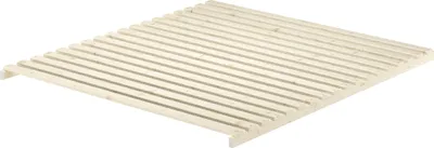 A wooden bed frame slatted base, shown from a diagonal top-down perspective.