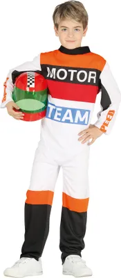 A young boy wearing a racing suit and holding a helmet.