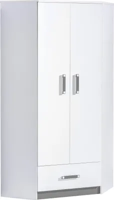 Produktbild von Furniture24 Eckkleiderschrank TRAFIKO 02, 2 Türiger Drehtürenschrank, Eckschrank mit 3 Einlegeböden, Kleiderstange und Schublade, Kleiderschrank für Jugendzimmer, Kinderzimmer Weiß/Grau