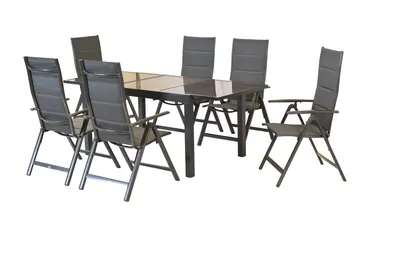 Produktbild von Merxx Gartenmöbel Set Taviano 7tlg., 6 Klappsessel, Ausziehtisch 140 (200) x 90 cm - Aluminium/Textil