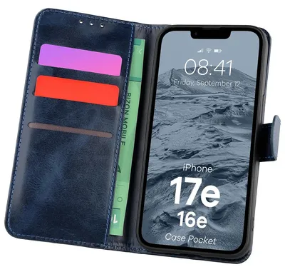 Produktbild von Handyhülle mit Klappe für iPhone 17e / 16e, Bizon Case Pocket, Dunkelblau