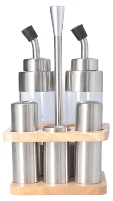 Image de Set de distributeurs d'huile et de vinaigre 6 pièces - Acier inoxydable/Verre - Salière/Pepperette - Étagère en bois