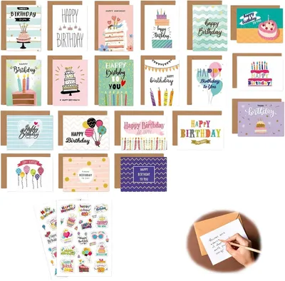 Productafbeelding van Verjaardagskaarten set 20 stuks, met enveloppen, vouwkaarten, assortiment, voor verjaardagen
