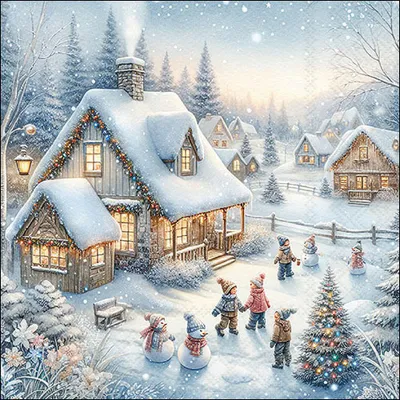 Produktbild von 20 Servietten Winter in Backyard - Weiße Winterstadt mit Kinder 33x33cm