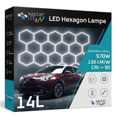 Produktbild von MasterLED Hexagon LED Deckenleuchte Werkstattlampe 14L Set 523x301cm 570W 6500K Kaltweiß Wabenleuchte für Garage und Detailing