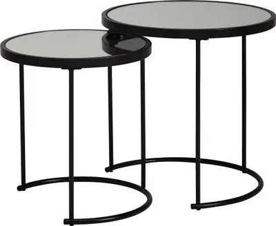 Beistelltisch 2er Set Rund mit gestaffelten runden Spiegelglastischen und schlankem Metallgestell in Schwarz.