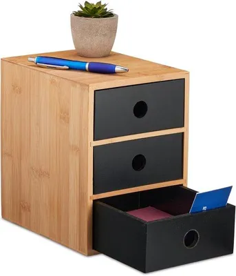 Produktbild von Famanu Büro Organizer mit 3 geräumigen Schubladen – Bambus & MDF – 21x15x20 cm (natur/schwarz)