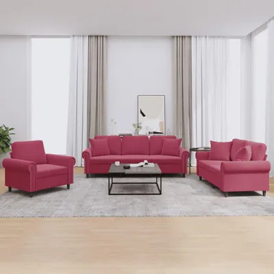Produktbild von vidaXL 3-tlg. Sofagarnitur mit Kissen Weinrot Samt