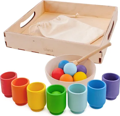 Produktbild von Ulanik Regenbogen Bälle in Tassen Montessori Spielzeug Holz Sorter Spiel 7 Bälle 30mm Alter 1+ Farbe Sortierung und Zählen Vorschule Lernen Bildung