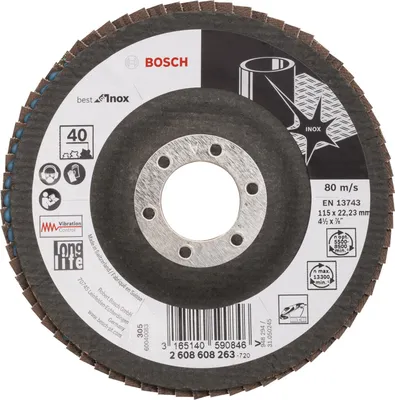 Produktbild von Bosch Fächerschleifscheibe Best for Inox 115 22,23 40 gewinkelt Glasgewebeteller - 2608608263