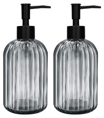 Productafbeelding van Set van 2 glazen zeepdispensers met zwarte pomp, 400 ml, navulbaar, grijs