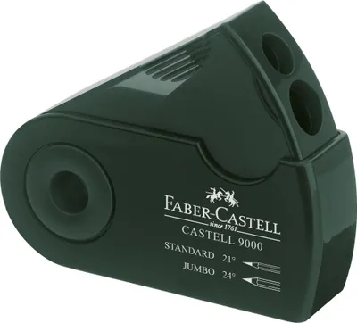 A dark green pencil sharpener with two holes for sharpening pencils.