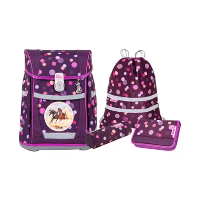 A set of school supplies including a backpack, drawstring bag, pencil case, and wallet, all featuring a purple background with a polka dot pattern.