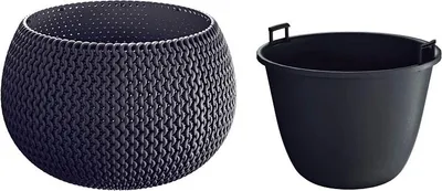 Two dark-colored planters are shown side-by-side against a white background.