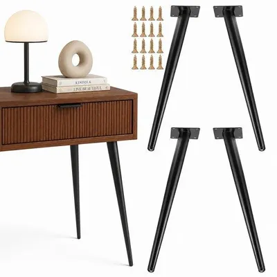 Productafbeelding van JustValue Meubelpoten 40 cm - Set van 4 - Zwart Metaal - Schuine Tafelpoten met 8 cm Montageplaat - Incl. Schroeven - Vloerbeschermers - Geschikt voor Kast, Bureau en Nachtkastje
