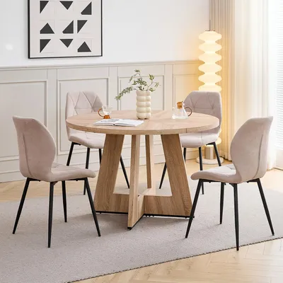 Produktbild von Essgruppe 5-teilig - Runder Esstisch 120 cm mit 4 Stühlen - Gepolsterte Stühle - Metallgestell - Modern minimalistisch - Beige